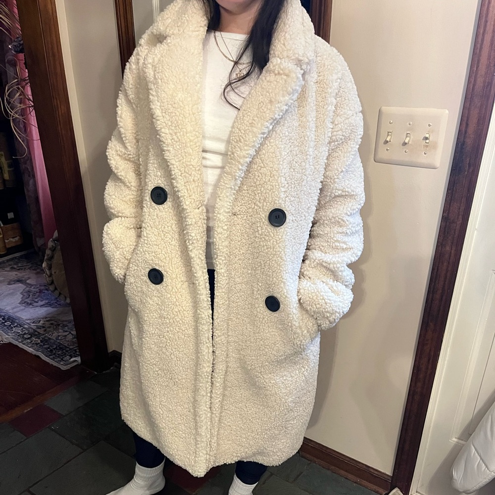 Bershka Cream Teddy Jacket with Black Buttons